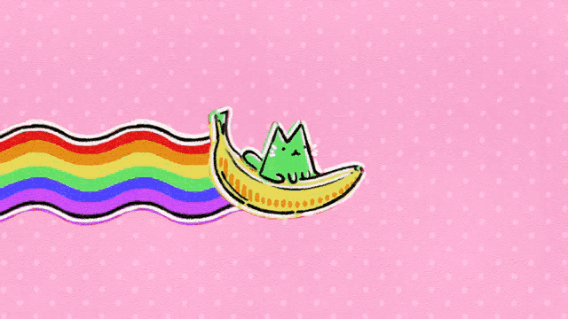 a cartoon drawing of a banana with a cat on it
