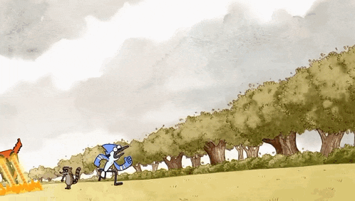 a cartoon drawing of a bird and a squirrel running in a field