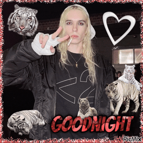 a picture of a man smoking a cigarette with tigers and the words goodnight in red letters