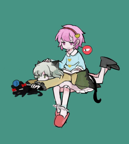 a girl with pink hair is reading a book to a cat