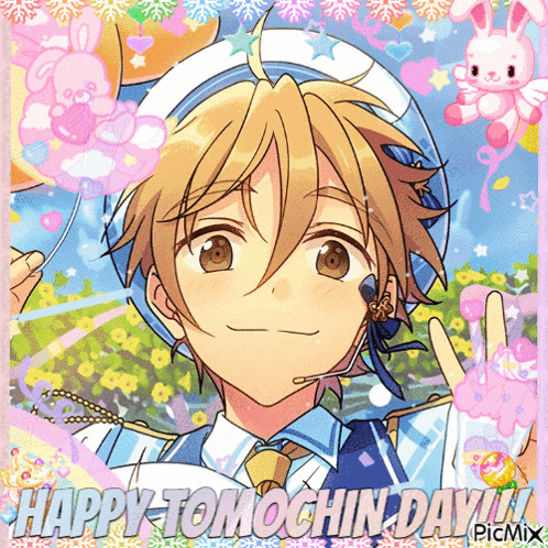 a picture of a boy with the words happy tomochin day in the corner