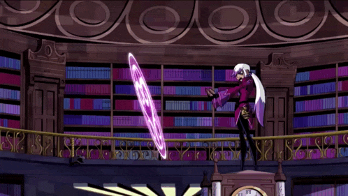 a cartoon character is standing in front of a clock and a bookshelf