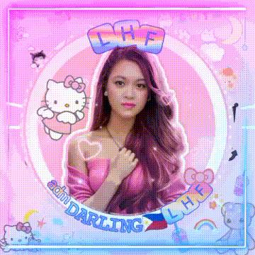 a girl with purple hair is in a pink circle with hello kitty on it