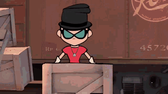a cartoon character wearing a top hat and glasses is standing in front of a train car with the number 45720 on it
