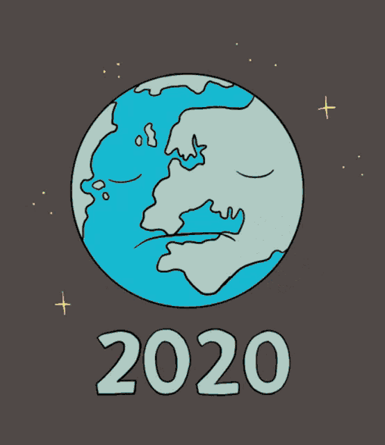 a cartoon drawing of a smiling earth and a flying saucer with the year 2021