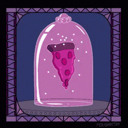 a cartoon of a slice of pizza under a glass dome