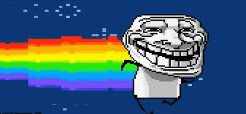 a troll face with a rainbow coming out of it 's mouth