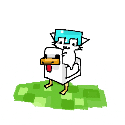 a drawing of a cat riding on the back of a white chicken