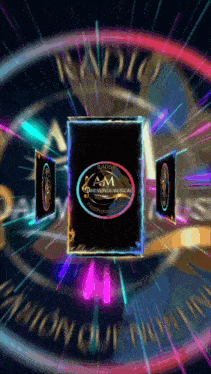 a logo for radio am harmonia musical surrounded by colorful lights