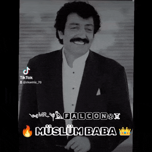 a black and white photo of a man with falcon muslum baba written on it