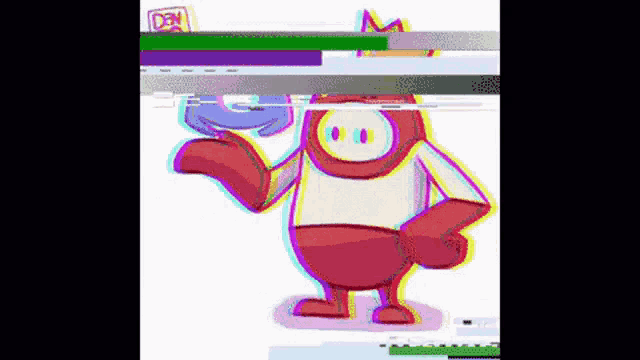 a cartoon character is standing in front of a computer screen with a glitch effect on it .