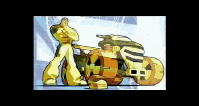 a man in a yellow suit is standing next to a motorcycle .