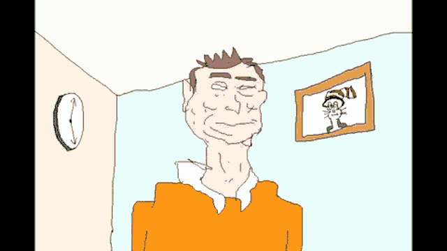 a cartoon drawing of a grinch with a picture of dr seuss on the wall behind him