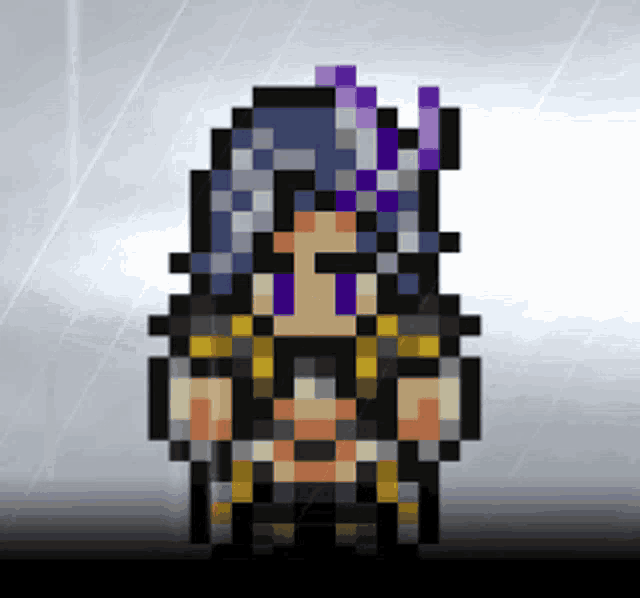 a pixel art of a person with purple hair and horns
