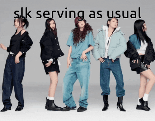 a group of women standing next to each other with the words slk serving as usual behind them