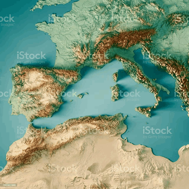 an aerial view of a map of europe with mountains and water