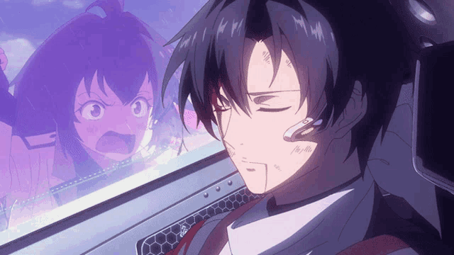 a man with a headset on looks at a girl in a purple background
