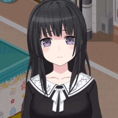 a girl with black hair and purple eyes is wearing a black and white dress