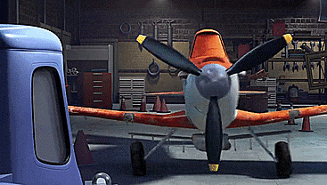 a cartoon plane is parked in a garage next to a purple truck