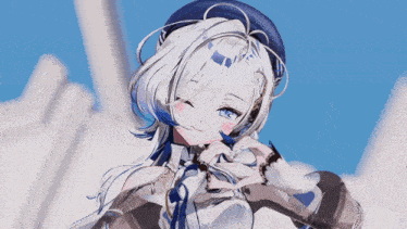 a girl with white hair and blue eyes makes a heart shape with her hands