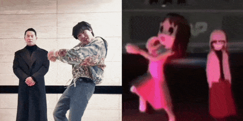a man in a trench coat is standing next to a woman in a pink dress dancing