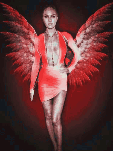 a woman in a red dress has red wings on her arms