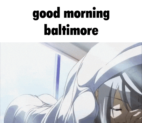 a woman is laying on a bed with a blanket over her head and the words `` good morning baltimore '' written above her .