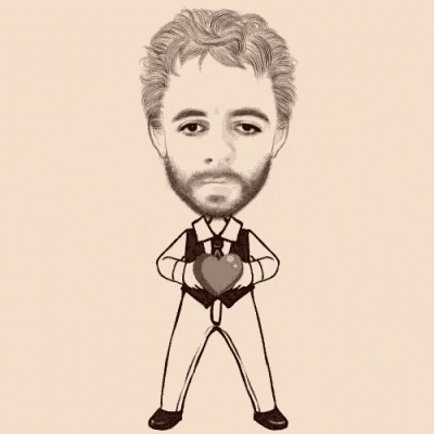 a man with a beard is surrounded by hearts and making a heart with his hands .
