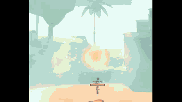 a video game scene with a flame coming out of a palm tree and a person with a shield on their head