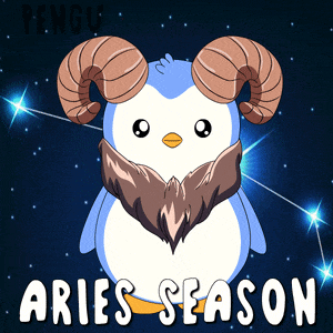 a picture of a penguin with horns and the words aries season below it