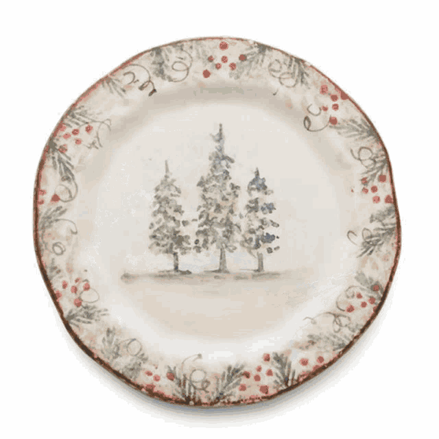 a white plate with a picture of trees and berries on it