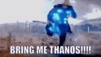 thor is running in a field with the words `` bring me thanos '' written on the screen .