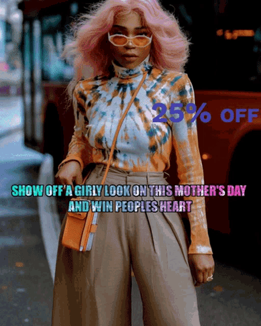 a woman with pink hair is wearing sunglasses and a tie dye top with the words show off a girly look