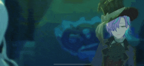 two anime characters are standing next to each other in a dark room . one of the characters is wearing a top hat .