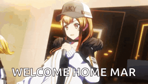 a girl with a hat that says aky on it says welcome home mar