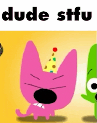 a pink cat wearing a yellow party hat is standing next to a green cartoon character .
