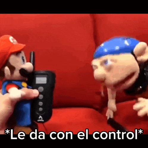 a person is holding a walkie talkie next to a mario and a spongebob doll .