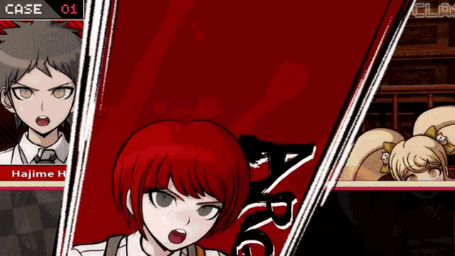 a video game screen shows a girl with red hair and a boy with white hair