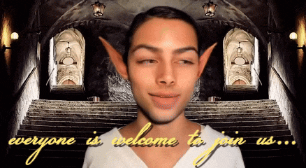 a man with elf ears and the words everyone is welcome to join us on the bottom