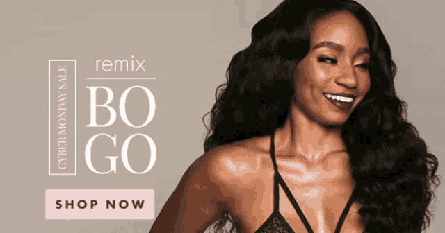 a woman is smiling in front of a remix bo go cyber monday sale ad