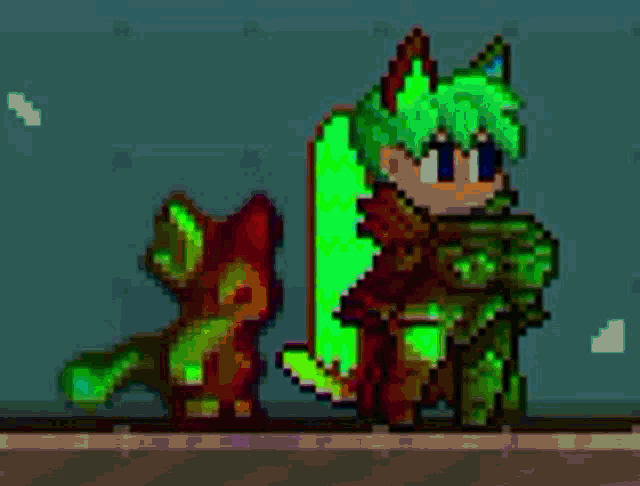 a pixel art of a girl with green hair standing next to a red cat .