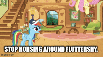 a cartoon of a pony with the words stop horsing around fluttershy on the bottom