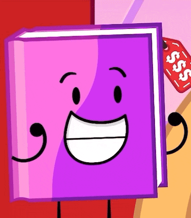 a cartoon illustration of a purple book with a face and arms