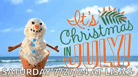 a snowman in an ice cream cone with the words " it 's christmas in july "