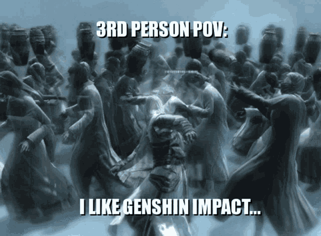 a blurred image of a crowd of people with the caption " 3rd person pov i like genshin impact "
