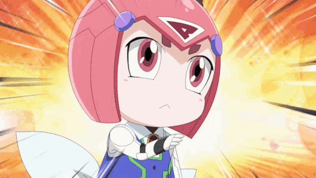a cartoon character with a pink helmet and a white letter a on his head