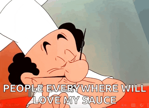 a cartoon chef is holding a needle in his mouth and the caption says people everywhere will love my sauce
