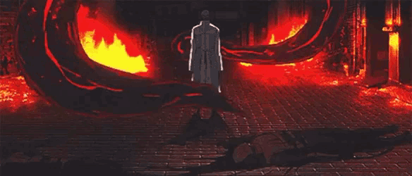 a man in a trench coat is standing in a dark room with a large fireball in the background .