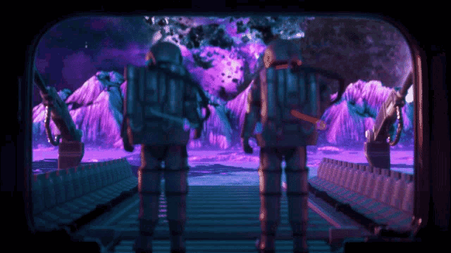 two astronauts are looking out of a window at a purple landscape