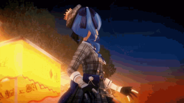 a girl in a plaid dress is standing in front of a yellow sign that says ' a ' on it